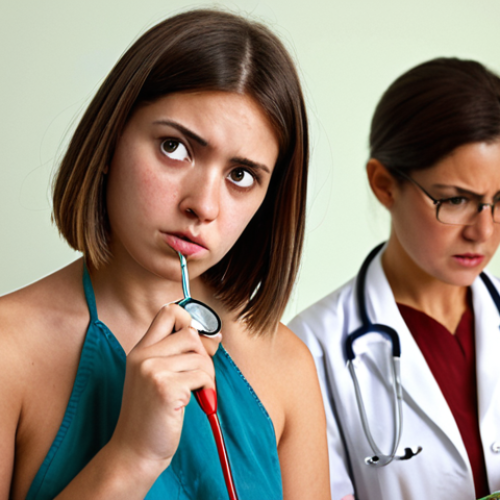 Home 7 **A young woman torn between holding an artist's paintbrush and a doctor's stethoscope, with disapproving parents in the background.** (Focus on the internal conflict between personal aspirations and societal expectations)