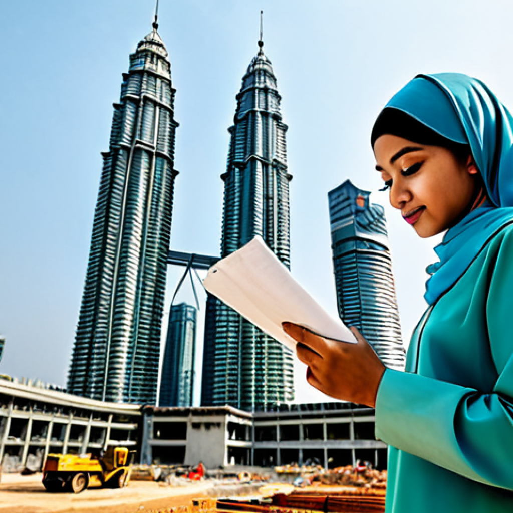 **
"A professional female architect, fully clothed in a modest baju kurung and hijab, reviewing blueprints at a construction site in Kuala Lumpur, with the Petronas Towers in the background. Safe for work, appropriate content, perfect anatomy, natural proportions, well-formed hands, proper finger count, professional, family-friendly, high resolution, detailed."
**