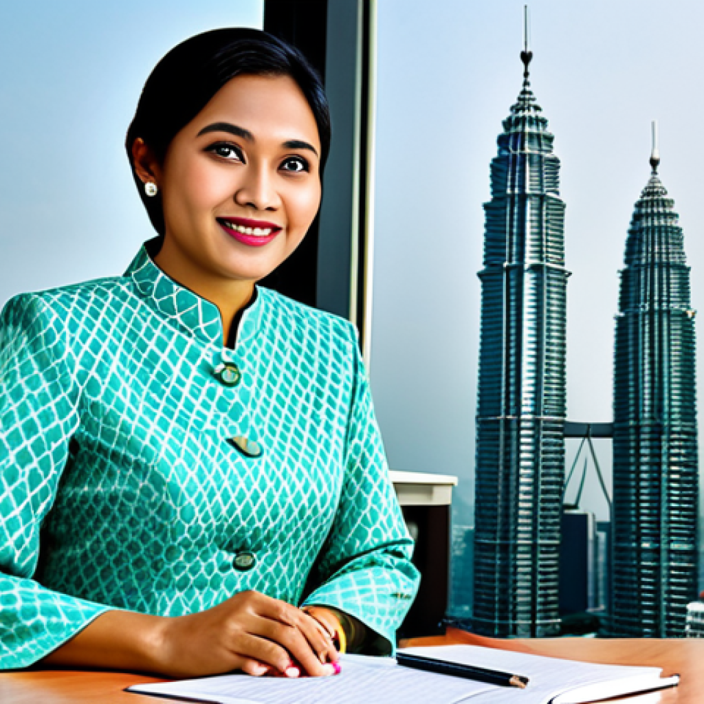 "A professional businesswoman in a modest baju kurung, sitting at a desk in a modern Kuala Lumpur office with the Petronas Twin Towers visible in the background, fully clothed, appropriate attire, safe for work, perfect anatomy, natural proportions, professional photography, high quality, family-friendly."