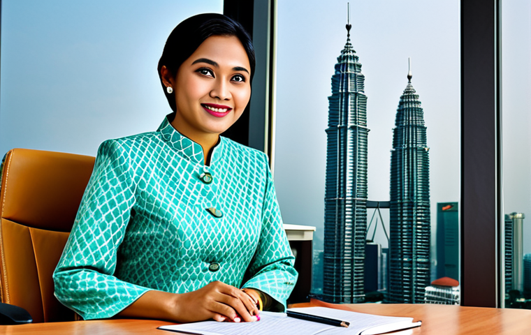 "A professional businesswoman in a modest baju kurung, sitting at a desk in a modern Kuala Lumpur office with the Petronas Twin Towers visible in the background, fully clothed, appropriate attire, safe for work, perfect anatomy, natural proportions, professional photography, high quality, family-friendly."