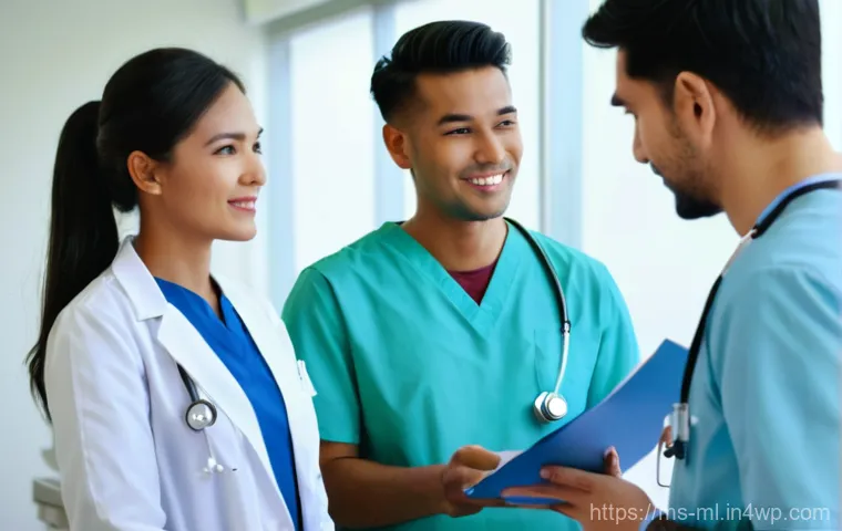 언어적 편향의 개인적 사례 - **Prompt**: "A diverse group of healthcare professionals in a modern, brightly lit hospital or clini...