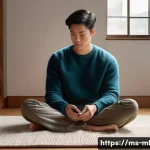 언어적 편향과 공공연설 - **Prompt:** A thoughtful young adult, dressed in a simple, modest sweater and trousers, sits cross-l...